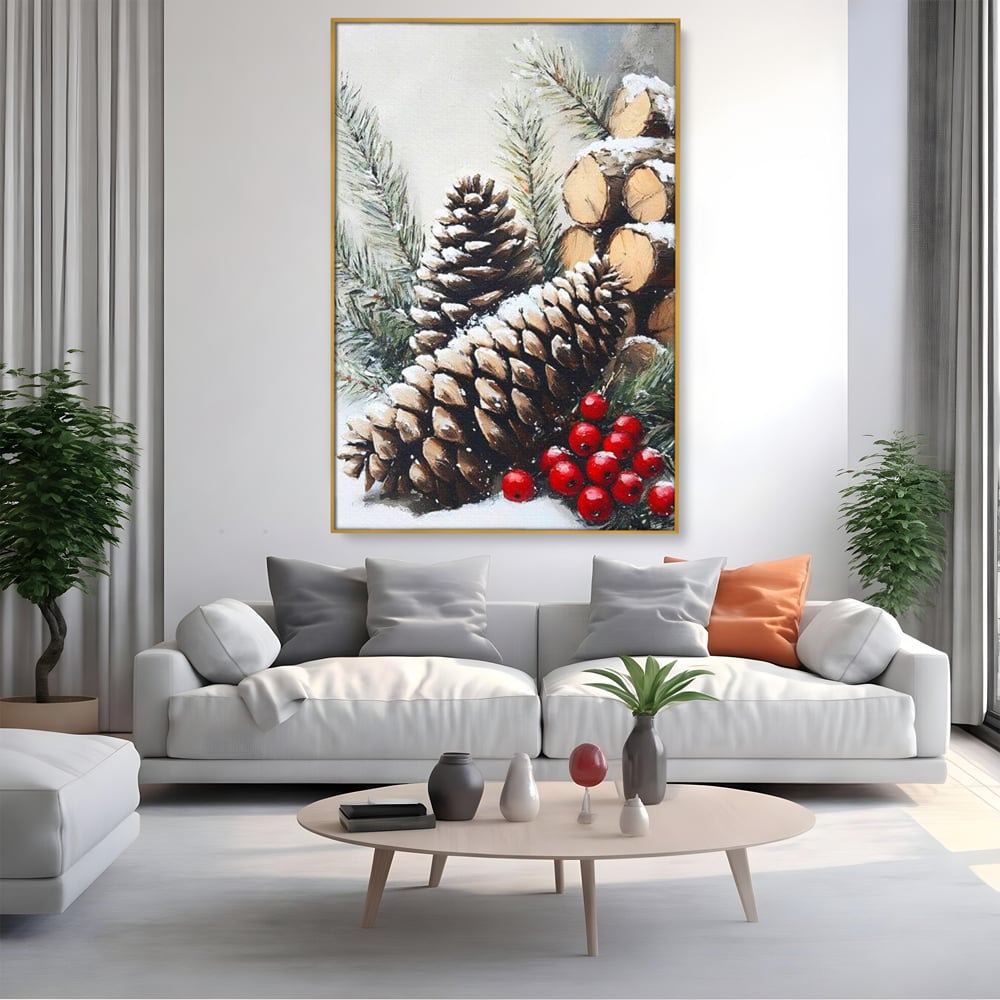 Tablou canvas cu pictura cu conuri de brad si bobite rosii, in rama de aluminiu auriu, pe perete intr-un living